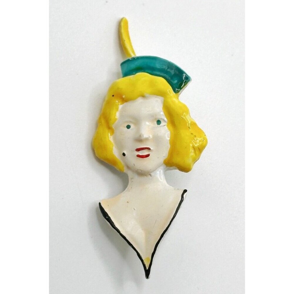 Vintage Art Deco Brooch Flapper Girl Metal Enamel Teal Hat Feather Pin